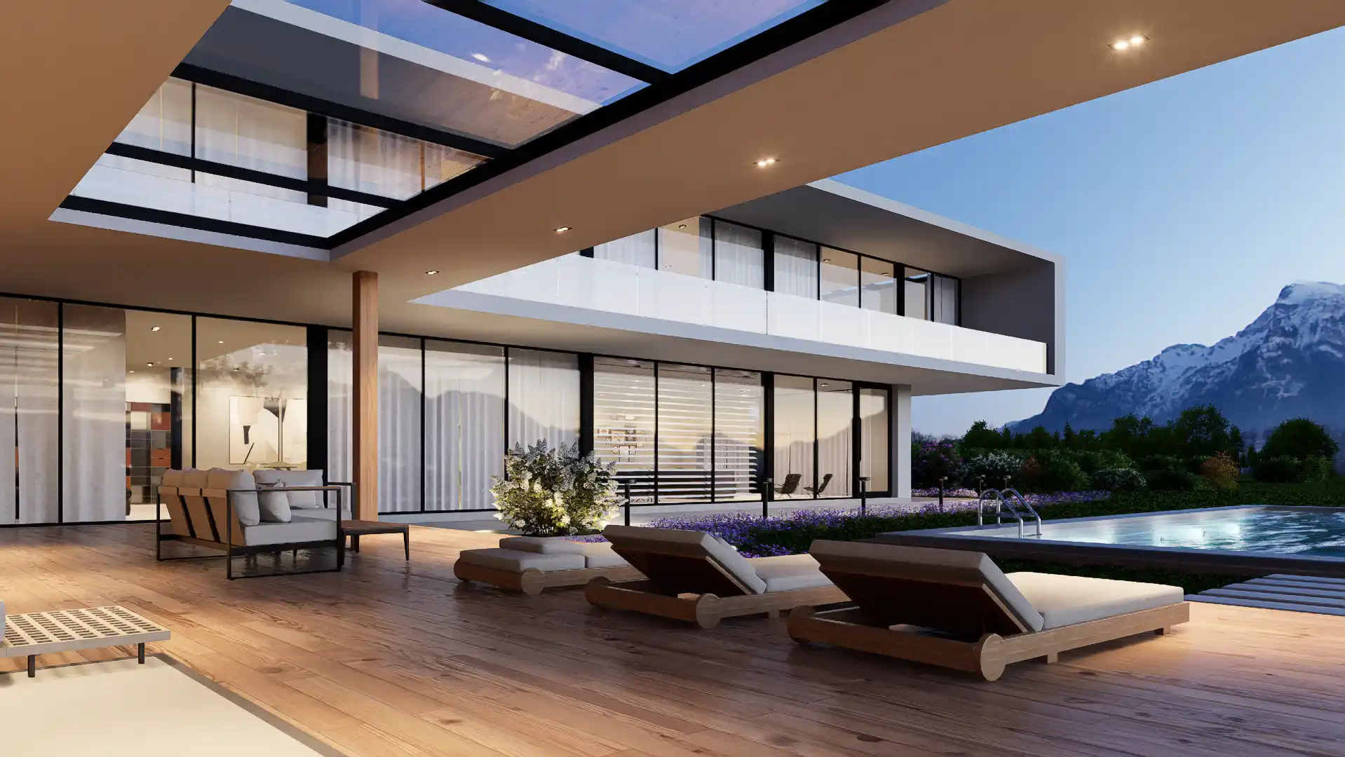 Video rendering architettonico di una villa moderna con piscina a sfioro. La scena passa da una luce crepuscolare calda con montagne innevate a una luce diurna nitida che esalta le vetrate e il design minimalista.