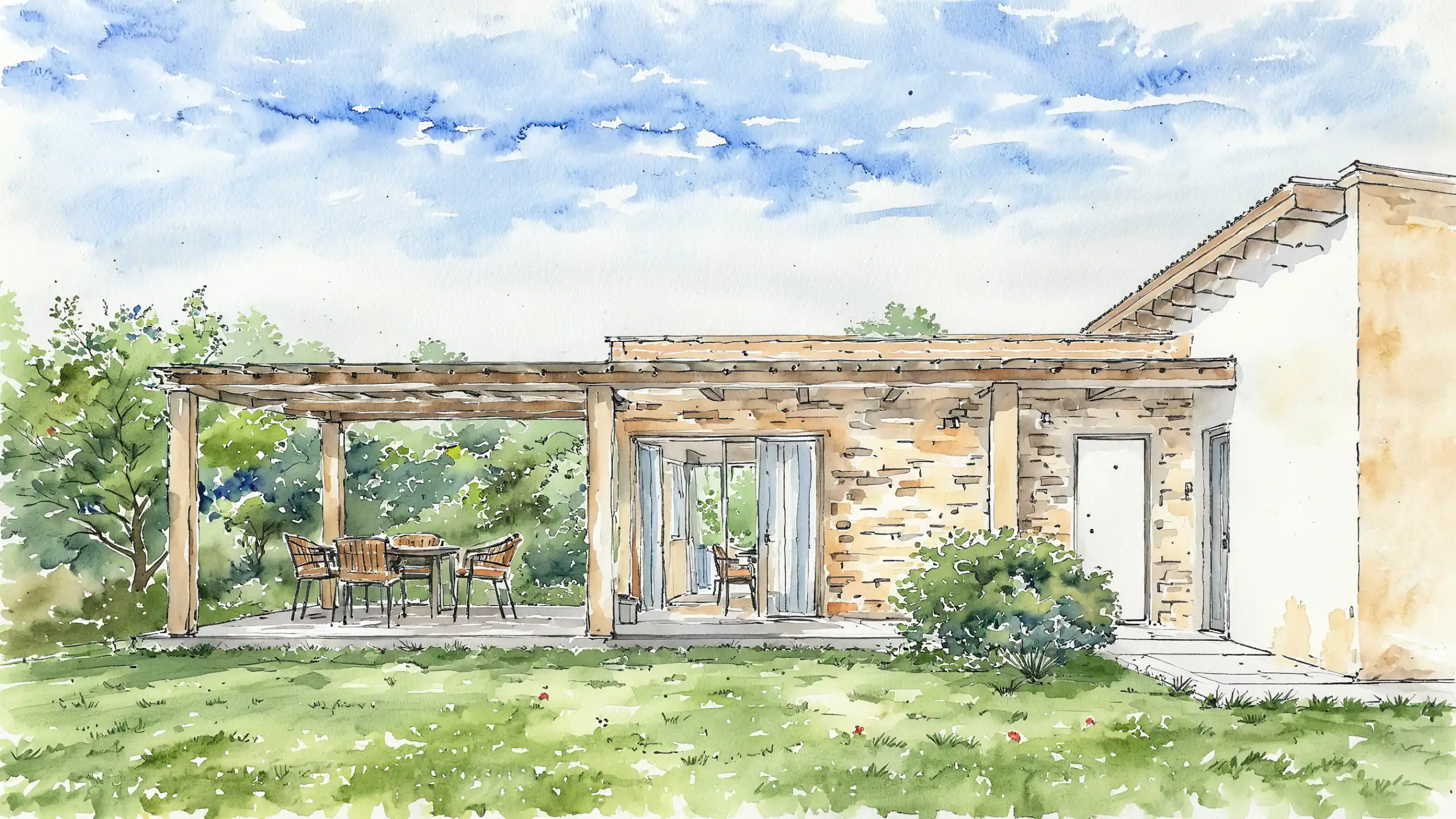 Illustrazione architettonica ad acquerello di una casa con facciata in pietra e portico in legno progettata dall'Architetto Matteo Michetti. La scena include un giardino curato e un'area pranzo all'aperto.