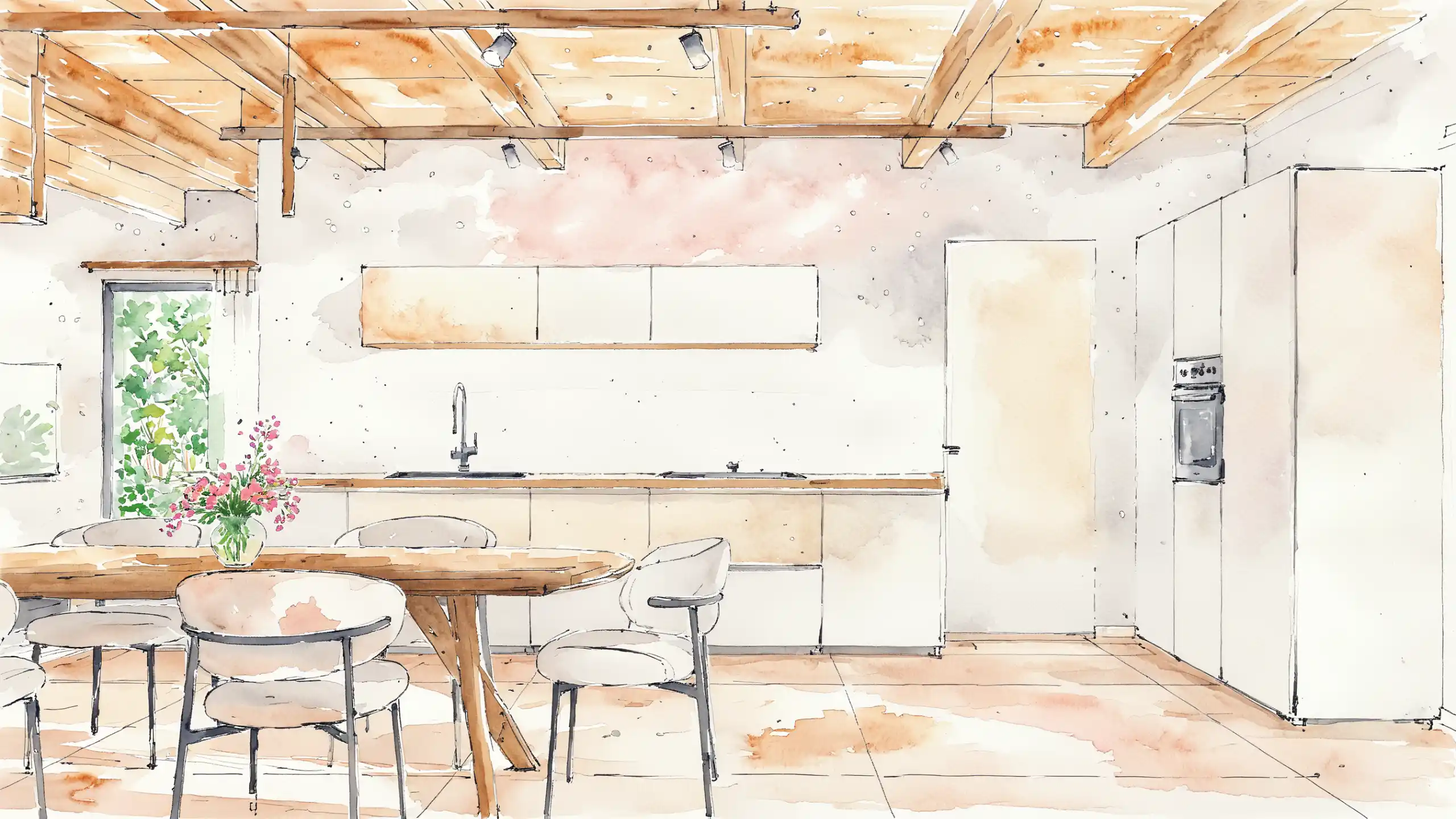 Illustrazione ad acquerello di una cucina open space con tavolo in legno e sedie moderne. Il disegno mostra un soffitto rustico con travi a vista, illuminazione a faretti e una finestra con vista giardino.