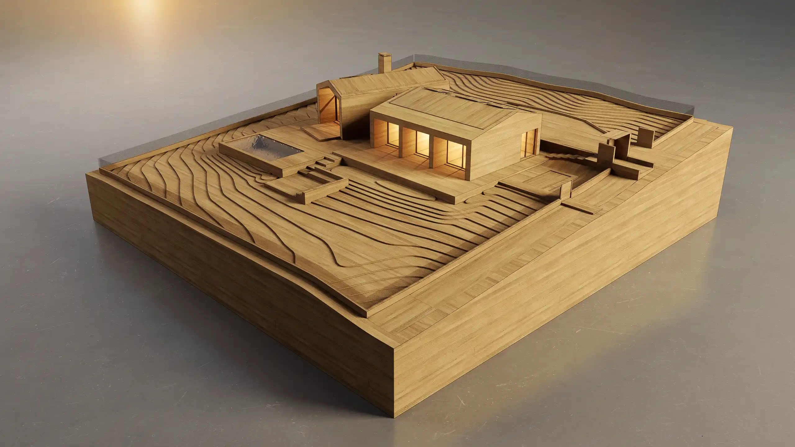 Modello architettonico in legno di una villa minimalista con piscina e giardino terrazzato, progettata da Dezing Studio. L'immagine mostra il dettaglio delle curve di livello del terreno e le luci soffuse all'interno della struttura.