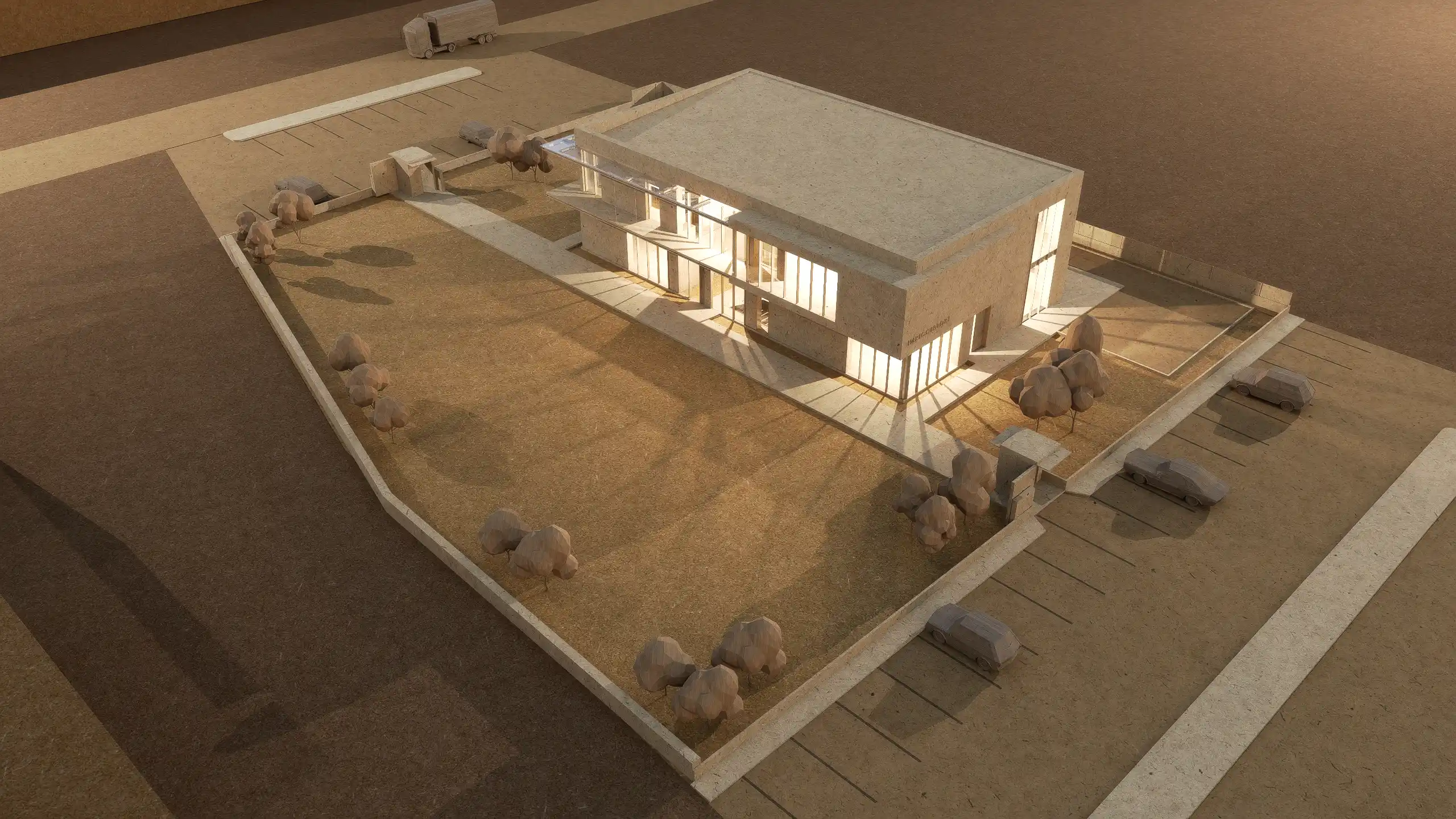 Maquette architettonica materica di un edificio moderno progettato da Dast Dante D'agostino, completa di aree esterne, parcheggi e vegetazione stilizzata sotto una luce calda zenitale.