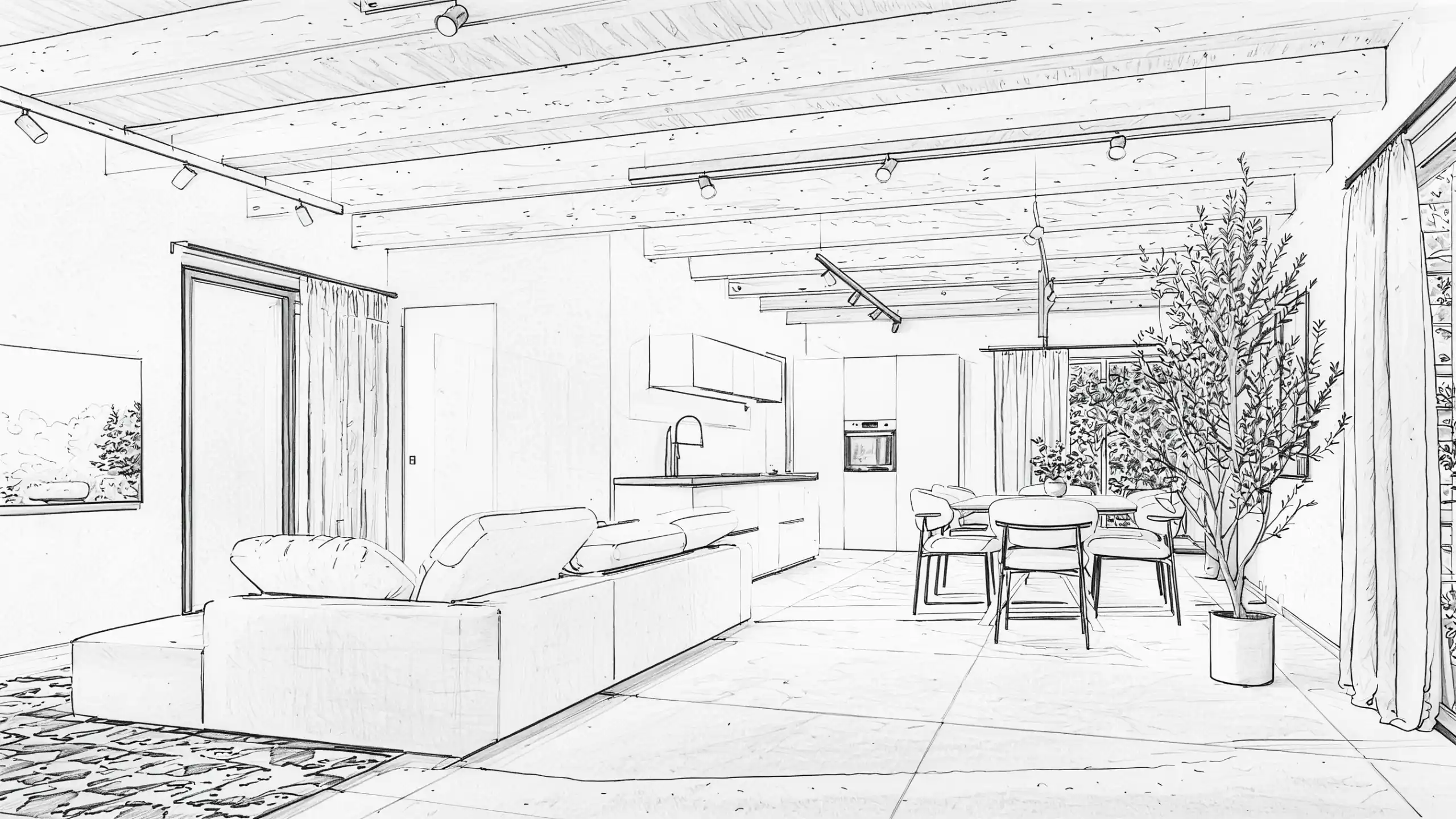 Disegno tecnico a matita di un interno open space con soffitto in travi di legno, cucina moderna, zona living e sala da pranzo. Lo schizzo evidenzia la disposizione dei mobili e dei faretti a binario.