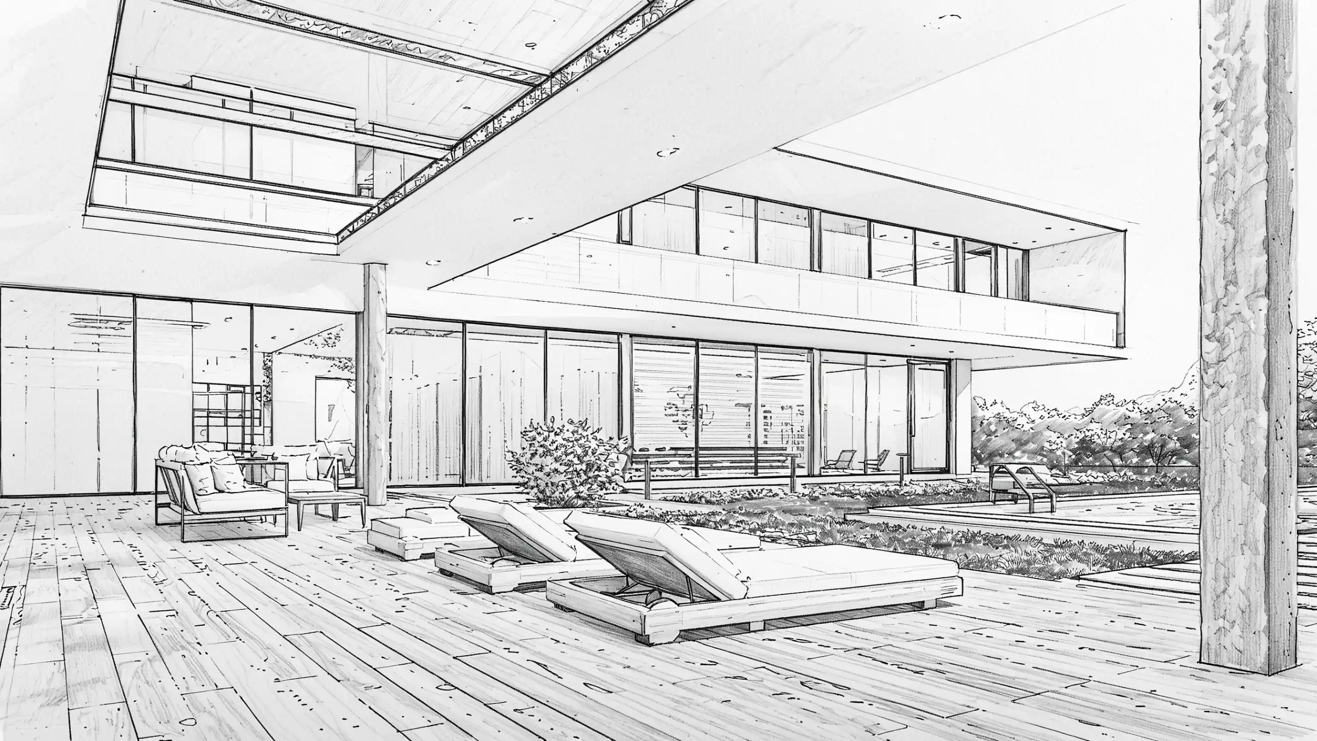 Disegno a matita in bianco e nero di una villa moderna con piscina, patio arredato e grandi vetrate. Lo schizzo mostra la prospettiva architettonica e il design degli esterni.