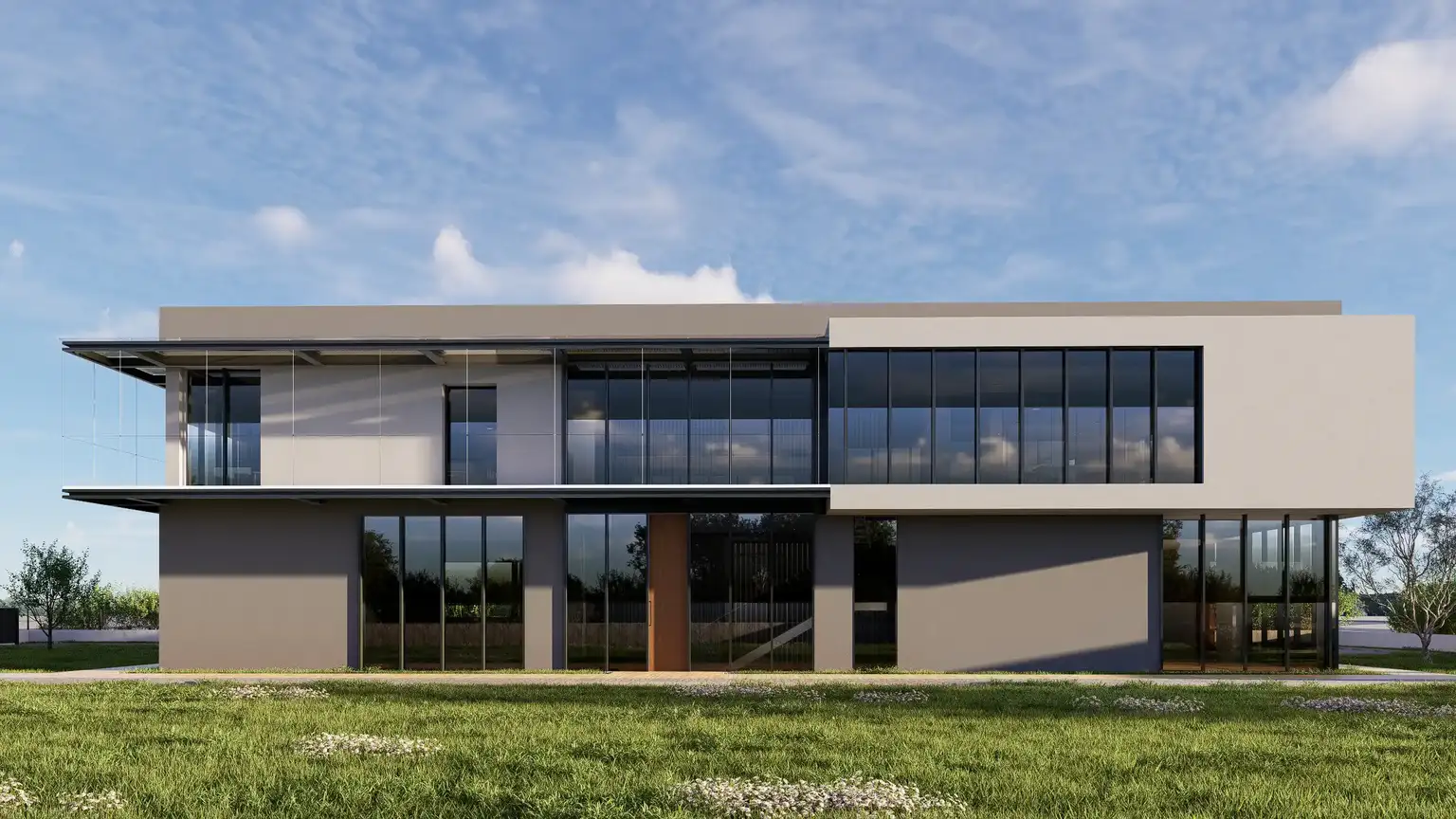 Rendering del prospetto di un edificio moderno con facciate vetrate e volumi geometrici bianchi e grigi, progettato dallo studio dast-Dante D'Agostino.