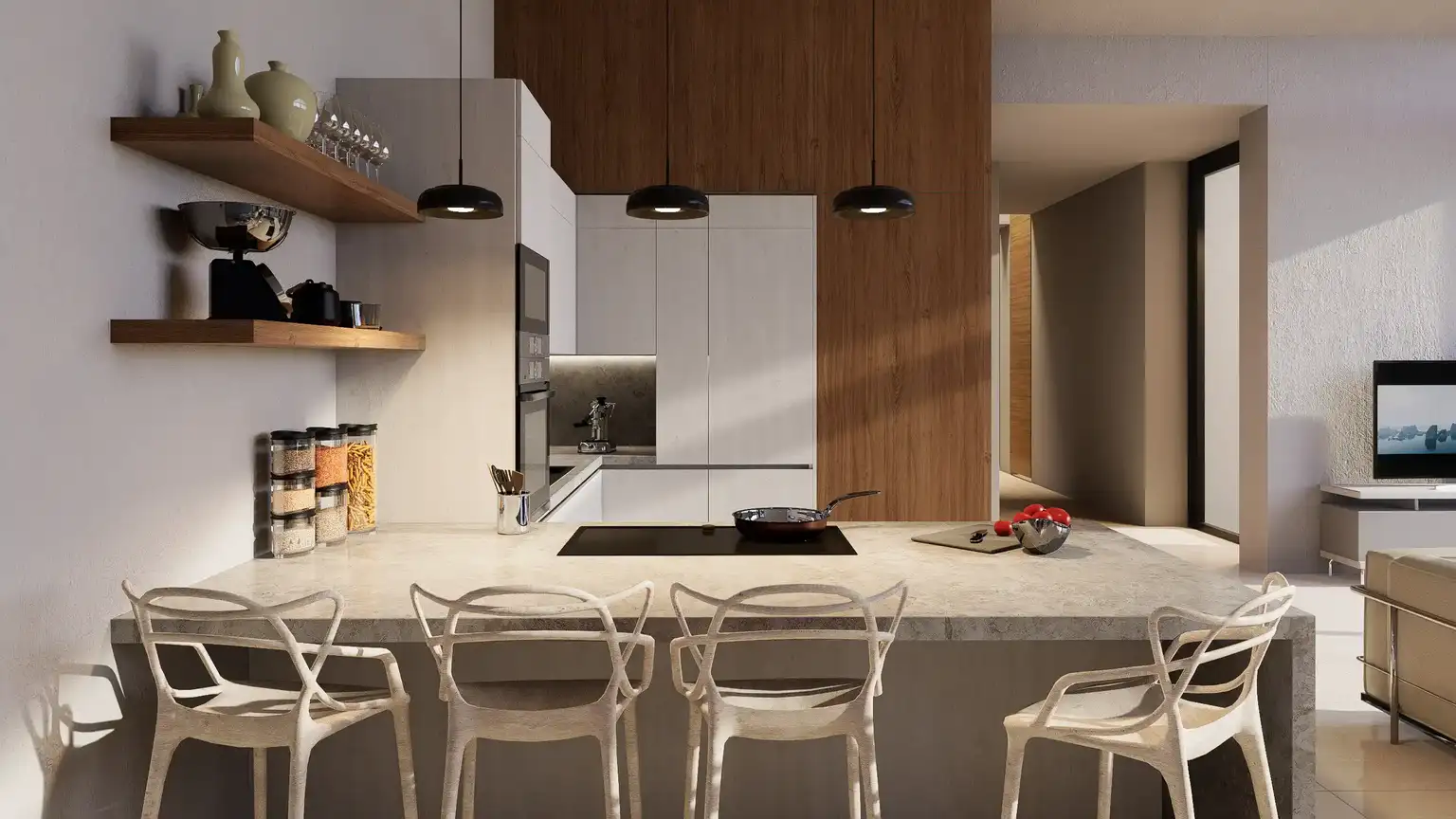 Rendering di interni di una cucina moderna con isola in pietra, sgabelli bianchi e mobili a colonna in legno e bianco, progettata da deZign studio.