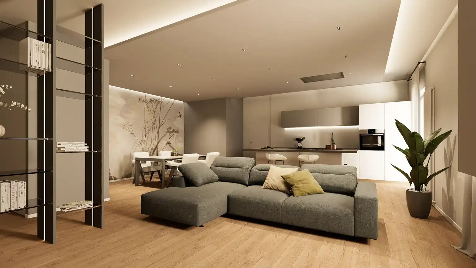 Rendering di un open space moderno che integra soggiorno e cucina. Divano grigio in primo piano, tavolo da pranzo con parete decorata e cucina minimale bianca con illuminazione LED indiretta a soffitto.