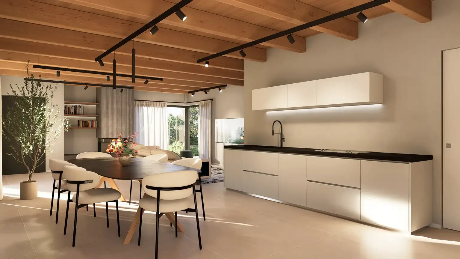 Rendering di un interno moderno open space con cucina lineare bianca e bancone scuro. Zona pranzo con tavolo nero e sedie chiare sotto un soffitto con travi in legno a vista, progetto dell'Arch. Matteo Michetti.