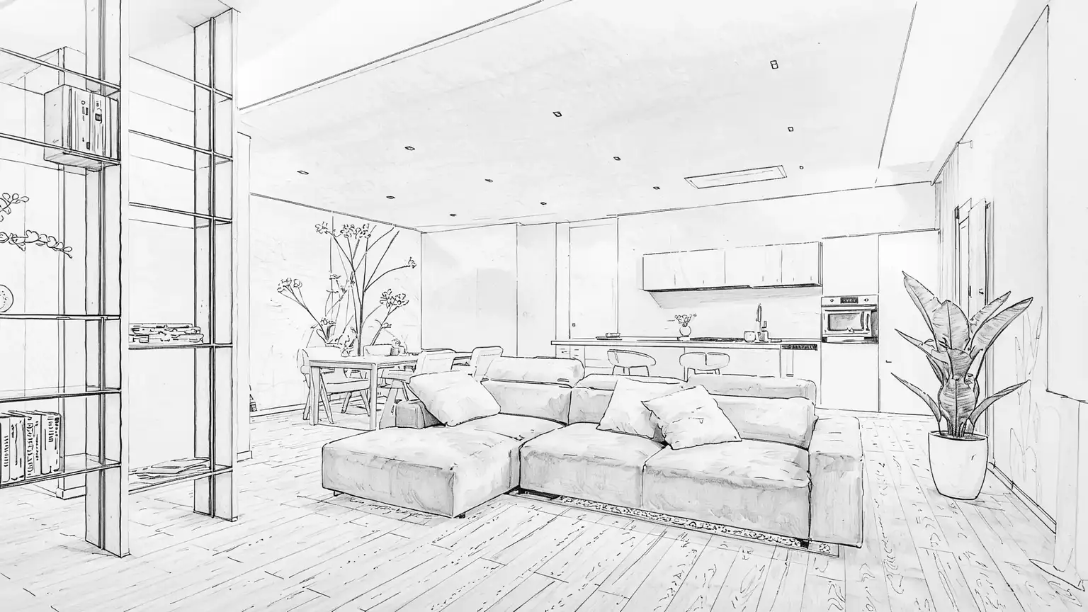 Disegno tecnico in stile schizzo a matita di un interno open space con divano, zona pranzo e cucina. Illustrazione del concept architettonico e della distribuzione degli spazi.
