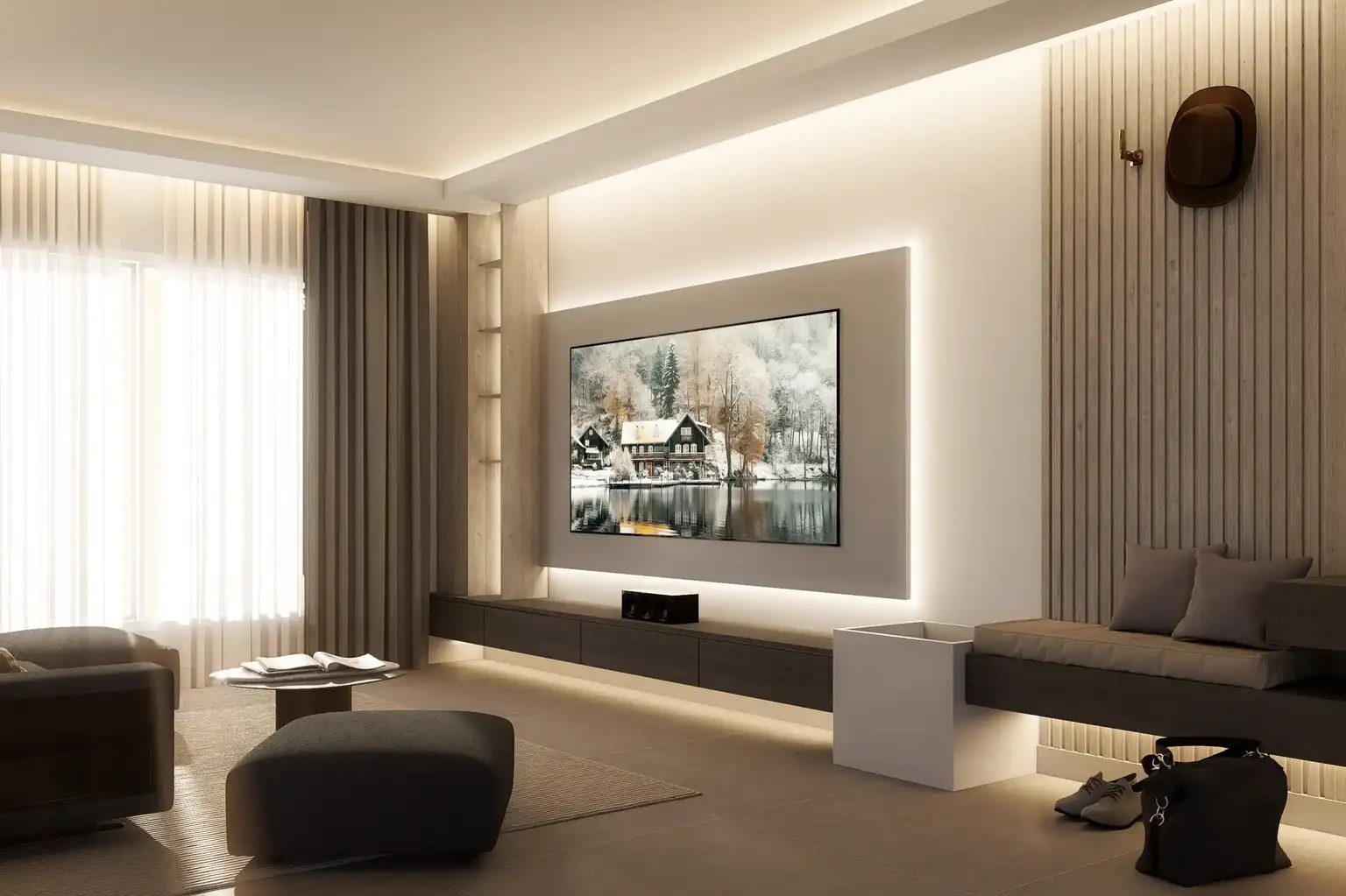 Rendering di un soggiorno moderno caratterizzato da una parete TV con pannello sospeso e retroilluminato a LED. A destra, una boiserie in legno a listelli verticali con panca integrata, illuminata da luce indiretta a soffitto.