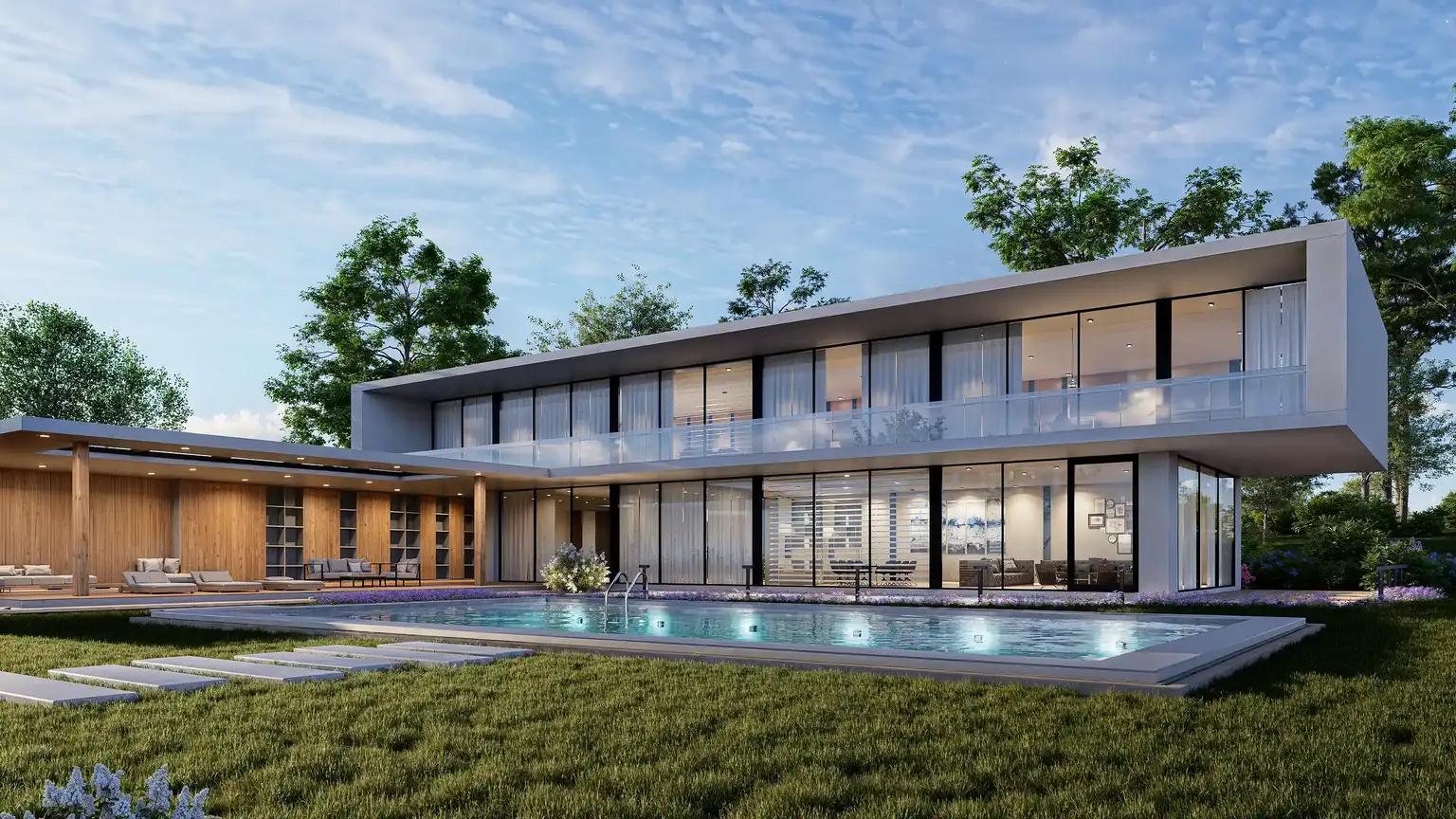 Rendering architettonico di una villa moderna con piscina, ampie vetrate panoramiche e porticato in legno. L'immagine mostra l'edificio al tramonto con luci interne ed esterne accese.