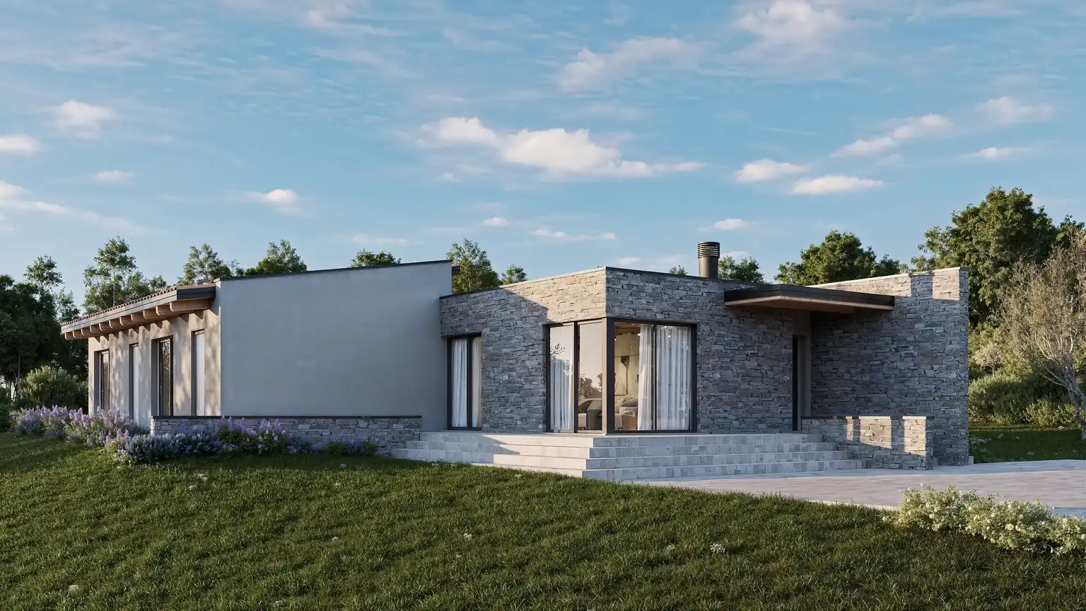 un moderno rendering architettonico esterno che mostra una villa monolivello con pareti rivestite in pietra spaccata, progettata dall'architetto Matteo Michetti. L'immagine presenta una terrazza in pietra, un pergolato in legno che copre un tavolo da pranzo con quattro sedie, e un giardino erboso sotto un cielo sereno.