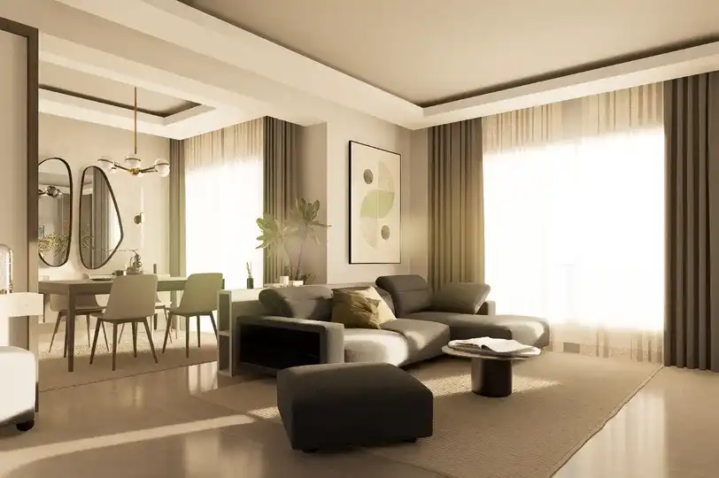 Rendering video d'interni Virtual Staging. Il video mostra la trasformazione di un ambiente
              vuoto in un soggiorno arredato con divano angolare, zona pranzo, luci di design e ampie vetrate che filtrano luce naturale calda. — video rendering Abruzzo