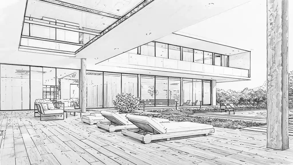 Disegno a matita in bianco e nero di una villa moderna con piscina, patio arredato e grandi vetrate. Lo schizzo mostra la prospettiva architettonica e il design degli esterni. maquette digitale Abruzzo